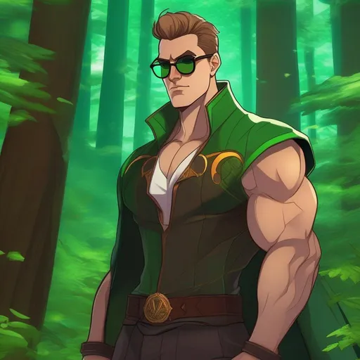 Prompt: highest quality anime art masterpiece, digital drawing, tall muscular bulky caucasian male sorcerer, wearing mage mantle, suideburns, very short brown slicked back pompadour undercut hair with shaved sides:vistani, wearing round glasses, green shades with emerald lenses, green round sunglasses, dark female makeup, melancholic, in a forest on a dark foggy night, big sad slant brown eyes, pale milky skin:2, waxing moon, round shaven face, broad cheeks, ethereal, trimmed face, highres, realistic, highly detailed, fantasy, european, irish, D&D, Ravenloft, by Ilya Kuvshinov