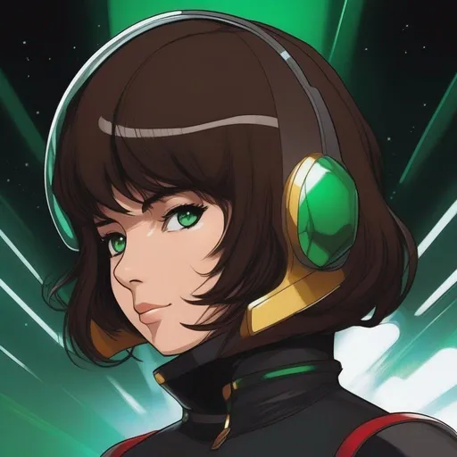 Prompt: Whole body. Full Figure, from distance. a Young noble woman from the future in the 22nd century, black futuristic scifi uniform. Cute. very short dark brown pixie haircut. emerald eyes. Akira art. Anime art. Captain Harlock art. Leiji Matsumoto art. 2d art. 2d. well drawn face. detailed.