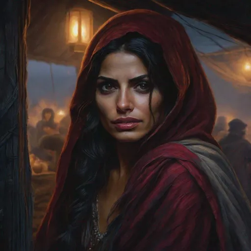 Prompt: fantasy art, oil painting, ablend of morena baccarin and sarah shahi, as a preying gypsy woman, in a dark gypsy camp, roma attire, foggy night, dreadful dark and moody atmosphere, frightened and concerned expression, close up, cinematic, dramatic, highres, detailed, D&D, DnD, Pathfinder, Ravenloft, Vistani, fantasy, by Clyde Caldwell,