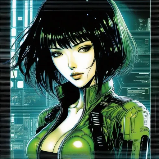 Prompt: detailed green skinned character portrait, full body portrait of a green skin petite slim female with short black messy wavy bob cut and green skin, green woman retro futuristic starship officer, black futuristic leather jackett, girlwith green skin color, on smoky background, docking station, inside of a spaceship, Ghost in the shell art. Masamune Shirow art. anime art. Leiji Matsumoto art. Akira art. Otomo art. 2d. 2d art.