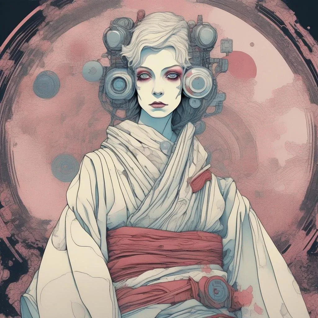 Prompt: boy alike tall girlish Japanese boyish androgynous feminine young caucasian teenage male boy geisha, slightly masculine, a bit manly, boylike girllike cyberpunk droid with open body implants an prosthetics, long wavy hair, woman kimono, full makeup, limitless, art, circle, one color background, by Hokusai and James Gurney,