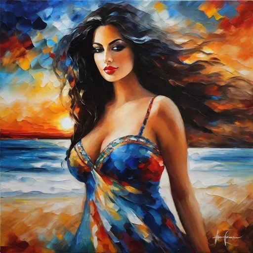 Prompt: An acrylic ink painting, Collage art, a beautiful attractive buxom mexican woman at sunset, black long thick wavy hair, pale skin round face, big long huge hooked aquiline algerian nose, enormous chest, Montage, By LEONID AFREMOV, [white : red] shades, [organ: blue] tones , ethereal, centered, 16K, HQ, perspective, insanely detailed and intricate, hyper realistic, trending on cgsociet