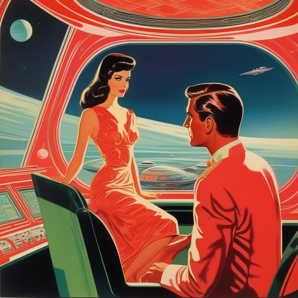 Prompt: A silkscreen illustration, a handsome shaved husband and a brunette woman, looking out a window  aboard a gorgeous luxury interstellar-space cruiser the magnificent planet of cosmopolitan is below, watermelon, 1960s Soviet Retrofuturism , art neuveau, Hannes bok,