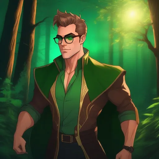 Prompt: highest quality anime art masterpiece, digital drawing, tall muscular bulky caucasian male sorcerer, wearing mage mantle, suideburns, very short brown slicked back pompadour undercut hair with shaved sides:vistani, wearing round glasses, green shades with emerald lenses, dark female makeup, melancholic, in a forest on a dark foggy night, big sad slant brown eyes, pale milky skin:2, waxing moon, round shaven face, broad cheeks, ethereal, trimmed face, glowing eyes, highres, realistic, highly detailed, fantasy, european, irish, D&D, Ravenloft, by Ilya Kuvshinov