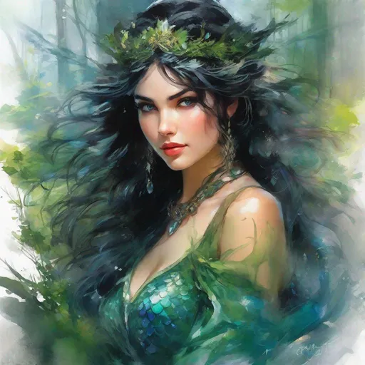 Prompt: fantasy book cover, a black haired mermaid princess with brown highlights in her very short messy wavy bob hair, mermaid fae, tall and willowy and pretty, soft freckles, big large green eyes, pointed ears, intricate blue and green gown, pointy ears, iron palace gray metal, landscape beautiful pine forest, fishlail, Carne Griffiths, Michael Garmash, Frank Frazetta, Castle Background, Victo Ngai, Detailed, Vibrant, Sharp Focus, Character Design, Wlop, Kuvshinov, Character Design, TXAA, 32k, Highly Detailed, Dynamic Pose, Intricate Motifs, Organic Tracery, Perfect Composition, Digital Painting, Artstation, Smooth, Sharp Focus, Illustration, hyperdetailed, greg rutkowski