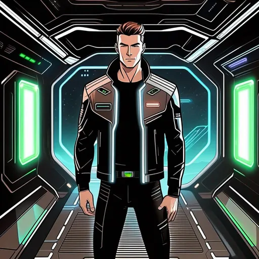 Prompt: detailed character portrait, full body portrait of a muscled male with brown pompadour undercut, retro futuristic starship captain, green glowing eyes, smirking, black futuristic leather jackett, on smoky background, docking station, inside of a spaceship, soft feminine body features. Smooth skin, detailed, well drawn face. Rpg art. 2d art. 2d.