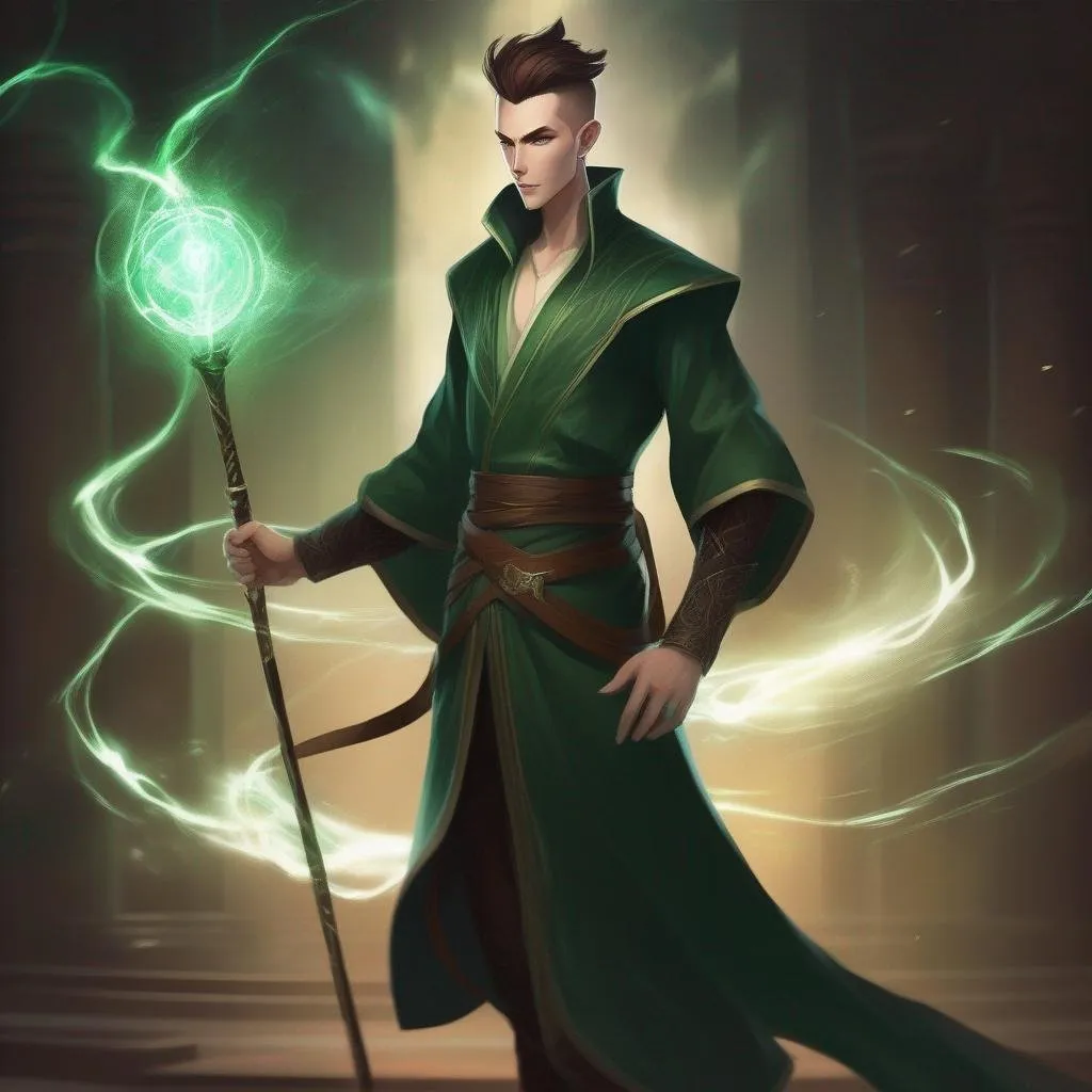 Prompt: A tall huge slender male mage in dark green robes with runes, with very short extremely deep dark brown slicked back pompadour undercut with dark ginger highlights and shaved sides, very pale milky skin. He fights with a magic staff and makes magical lightning bursts, potions on his belt, soft feminine body features. Smooth skin, detailed, well drawn face. Rpg art. 2d art. 2d.