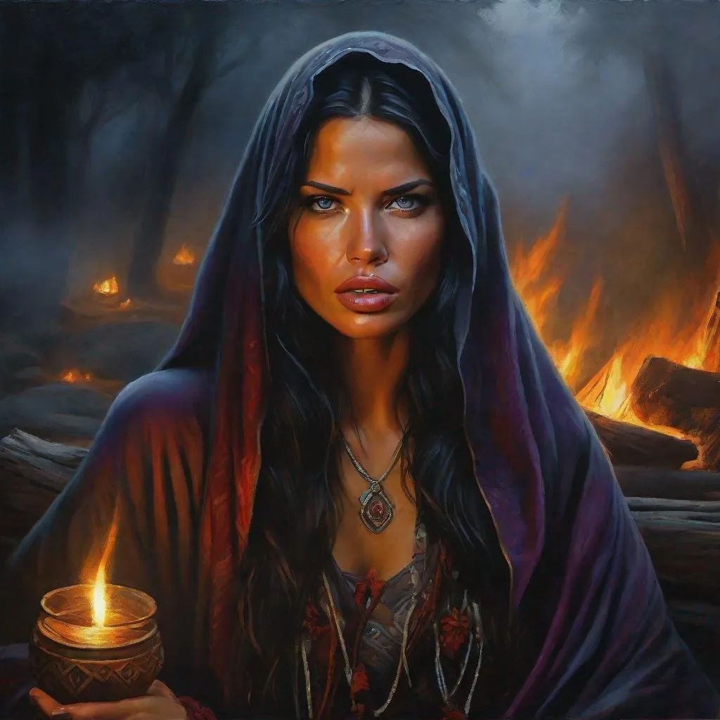 Prompt: fantasy art, oil painting, adriana lima fused together with Yarishna Nicole Ayala, as a chanting gypsy woman, in a dark gypsy camp near camp fire, roma attire, foggy night, dreadful dark and moody atmosphere, frightened and concerned expression, close up, cinematic, dramatic, highres, detailed, D&D, DnD, Pathfinder, Ravenloft, Vistani, fantasy, by Clyde Caldwell,