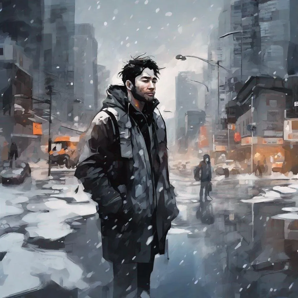 Prompt:  Liquid ink painting, A (man: 1.2), with cheerful face and 
 disheveled dark hair, shaved face, shaven face, standing among faceless (people: 0.9), modern cityscape (background: 0.3) snow, cold atmosphere, centered, 16K, HQ, UHD, digital illustration, trending on cgsociet, by Jordan Grimmer and James Jean