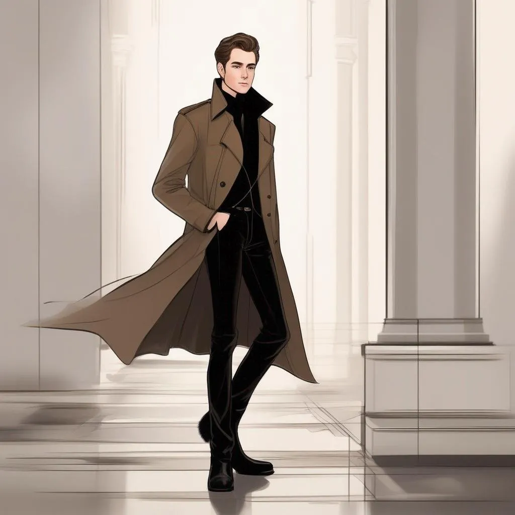 Prompt: full body shot shot of a young {man} with moderate length brown hair wearing dark brown trench jacket and white collared shirt with black pants and black boots, handsome, rpg art. Star trek art. 2d art. 2d