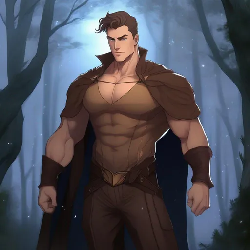 Prompt: full body image, highest quality anime art masterpiece, digital drawing, tall muscular bulky caucasian male sorcerer casting magic, wearing mantle, with suideburns, very short brown slicked back pompadour undercut hair with shaved sides:vistani, melancholic, in a forest on a dark foggy night, big sad slant brown eyes, pale milky skin:2, waxing moon, round shaven face, broad cheeks, ethereal, trimmed face, highres, realistic, highly detailed, fantasy, european, irish, D&D, Ravenloft, by Ilya Kuvshinov