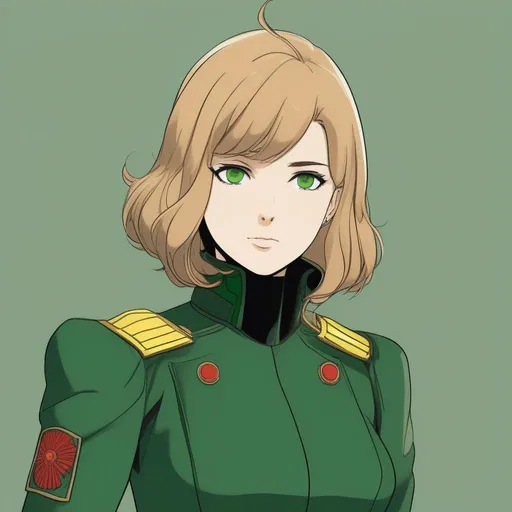 Prompt: Whole body. Full Figure, from distance. a Young noble woman in 21th century, Dark Green scifi uniform. Cute. short chetnut pixie hairs. emerald eyes. Akira art. Anime art. Captain Harlock art. Leiji Matsumoto art. 2d art. 2d. well draw face. detailed.