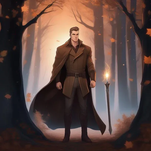 Prompt: full body image, highest quality anime art masterpiece, digital drawing, tall muscular bulky caucasian male sorcerer casting magic,  wearing mantle, with freckles very short brown slicked back pompadour undercut hair with shaved sides:vistani, melancholic, in a forest on a dark foggy night, big sad slant brown eyes, pale milky skin:2, waxing moon, round shaven face, broad cheeks, ethereal, trimmed face, highres, realistic, highly detailed, fantasy, european, irish, D&D, Ravenloft, by Ilya Kuvshinov
