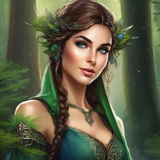 Prompt: fantasy book cover, a dark chesnut haired elven princess with brown highlights in her very extremely er long short messy curly pixie hair, elf fae, tall and willowy and pretty, soft freckles, big large green eyes, pointed ears, intricate blue and green gown, pointy elvish ears, iron palace gray metal, landscape beautiful pine forest, Art by Gil Elvgren, Carne Griffiths, Michael Garmash, Frank Frazetta, czberpunk Background, Victo Ngai, Detailed, Vibrant, Sharp Focus, Character Design, Wlop, Kuvshinov, Character Design, TXAA, 32k, Highly Detailed, Dynamic Pose, Intricate Motifs, Organic Tracery, Perfect Composition, Digital Painting, Artstation, Smooth, Sharp Focus, Illustration, hyperdetailed, greg rutkowski