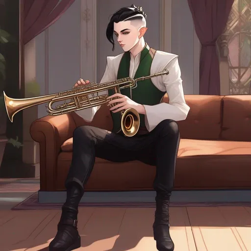 Prompt: A young elf mage with very short 
 extremely deep dark brown slicked back mohawk haircut and pale skin. He plays a saxophone, has a sword on the left side and sits on a couch. soft feminine body features. Smooth skin, detailed, well drawn face. Rpg art. 2d art. 2d.