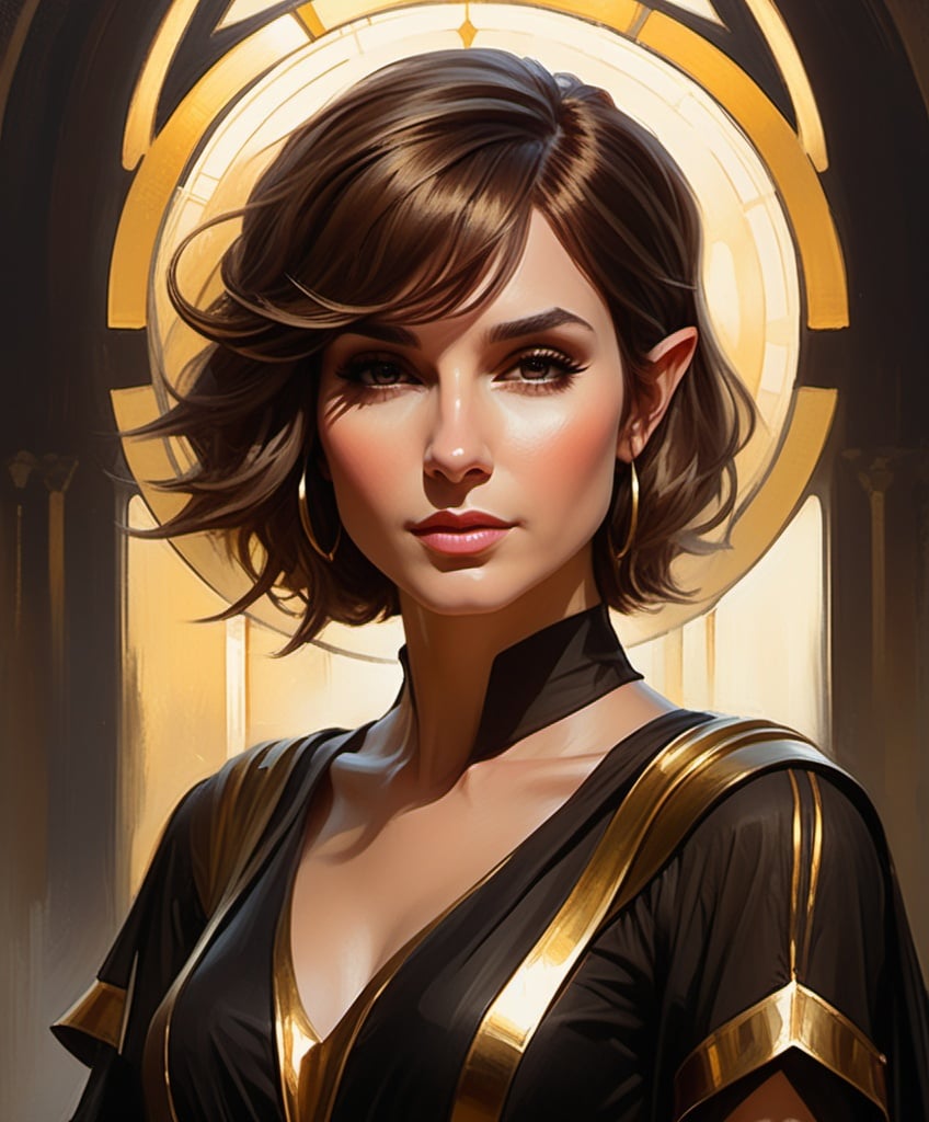 Prompt: the elf queen with short brown messz bob cut, in the style of layered gestures, god rays, dark gold and black, atmospheric color washes, john larriva, spiritualcore, religious themes, Heliocentric