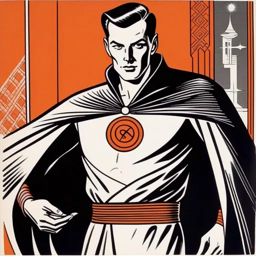 Prompt: Silk screen comic book illustration of a male mage, wearing a dark wizars robe with a cape, loincloth, shirt underneath, very short extremely deep dark brown slicked back pompadour undercut with dark ginger highlights and shaved sides, very bright and pale milky skin, Well drawn face, detailed face, 1960s Soviet retrofuturism, 