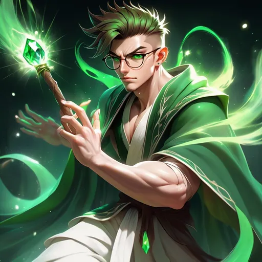 Prompt: a dynamic waist up drawing of an athletic, dressed adult slender skinny male mage in movement, wearing a dark green wizars robe with a cape, loincloth, white shirt underneath, and round glasses, green mirror shades with emerald lenses, very short extremely deep dark brown slicked back pompadour undercut with dark ginger highlights and shaved sides, very bright and pale milky skin. He fights with a wooden magic staff with a crystal and shoots magical pulses in motion, in rage, soft feminine body features, rising, athlete, scarred face, Smooth skin, detailed face, well drawn face. Rpg art. 2d art. 2d.