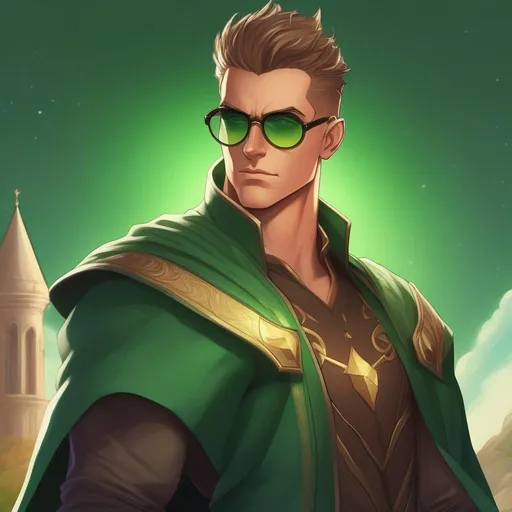 Prompt: highest quality anime art masterpiece, digital drawing, tall muscular bulky caucasian male sorcerer, wearing mage mantle, suideburns, very short brown slicked back pompadour undercut hair with shaved sides:vistani, wearing (round glasses), green sunshades with round emerald lenses, green (round) sunglasses, dark female makeup, melancholic, in a forest on a dark foggy night, big sad slant brown eyes, pale milky skin:2, waxing moon, round shaven face, broad cheeks, ethereal, trimmed face, highres, realistic, highly detailed, fantasy, european, irish, D&D, Ravenloft, by Ilya Kuvshinov