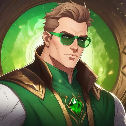 Prompt: highest quality anime art masterpiece, digital drawing, tall muscular bulky caucasian male sorcerer, wearing mage mantle, suideburns, very short brown slicked back pompadour undercut hair with shaved sides:vistani, wearing (round glasses), green sunshades with round emerald lenses, green (round) sunglasses, dark female makeup, melancholic, in a forest on a dark foggy night, big sad slant brown eyes, pale milky skin:2, waxing moon, round shaven face, broad cheeks, ethereal, trimmed face, highres, realistic, highly detailed, fantasy, european, irish, D&D,  2d art by Hokusai and James Gurney,