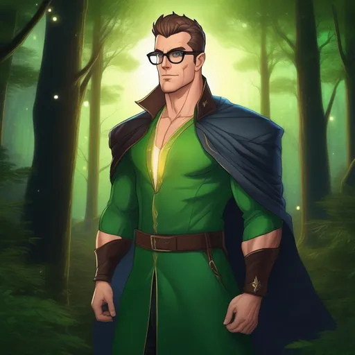 Prompt: highest quality anime art masterpiece, digital drawing, tall muscular bulky caucasian male sorcerer, wearing mage mantle, suideburns, very short brown slicked back pompadour undercut hair with shaved sides:vistani, wearing round glasses, green shades with emerald lenses, dark female makeup, melancholic, in a forest on a dark foggy night, big sad slant brown eyes, pale milky skin:2, waxing moon, round shaven face, broad cheeks, ethereal, trimmed face, highres, realistic, highly detailed, fantasy, european, irish, D&D, Ravenloft, by Ilya Kuvshinov