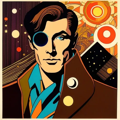 Prompt: Silk screen comic book illustration, male magician wearing a mage robe, very short brown hair, 1960s Soviet retrofuturism, full vivid colours, raypunk,