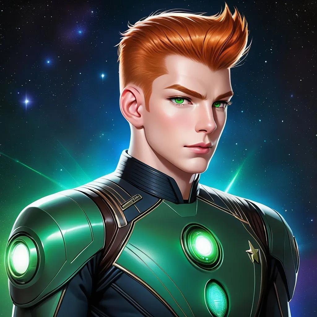 Prompt: An adult tall muscular masculine male man cyborg starship officer of a star trek species, human bipedal halfbreed android. He has shot ginger hair and a pale skin. extremely deep dark brown very short slicked back mohawk undercut with shaved sides andchstnut highlights, armoured, He wears a united federation uniform and has green glowing lizard eyes. robotic droid with implants and prosthetics, Detailed, well drawn face, Smooth skin, caucasian. rpg art. Star trek art. 2d art. 2d