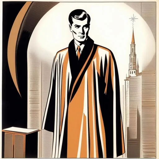 Prompt: Silk screen comic book illustration, sorcerer wearing a robe mantle, brown pompadour haircut, pale, 1960s Soviet retrofuturism, 