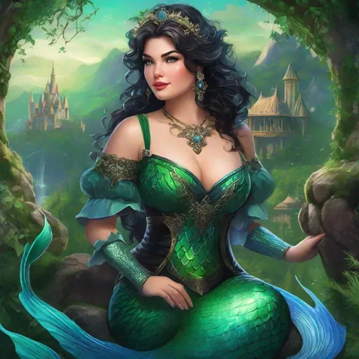 Prompt: fantasy book cover, a plump curvy thick buxom black haired mermaid princess with brown highlights in her very short messy wavy bob hair, mermaid fae, tall and willowy and pretty, soft freckles, big large green eyes, pointed ears, intricate blue and green gown, pointy ears, iron palace gray metal, landscape beautiful pine forest, fishlail, Carne Griffiths, Michael Garmash, Frank Frazetta, Castle Background, Victo Ngai, Detailed, Vibrant, Sharp Focus, Character Design, Wlop, Kuvshinov, Character Design, TXAA, 32k, Highly Detailed, Dynamic Pose, Intricate Motifs, Organic Tracery, Perfect Composition, Digital Painting, Artstation, Smooth, Sharp Focus, Illustration, hyperdetailed, greg rutkowski