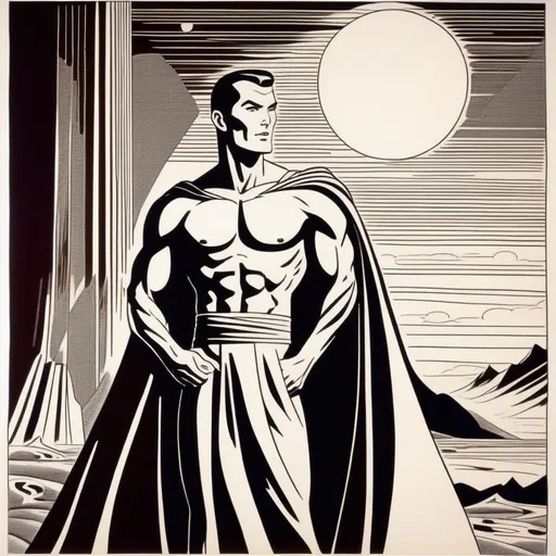 Prompt: Silk screen comic book illustration, of an adult slender muscular male mage, wearing a dark wizars robe with a cape, loincloth, shirt underneath, very short extremely deep dark brown slicked back pompadour undercut with dark ginger highlights and shaved sides, very bright and pale milky skin, Well drawn face, detailed face, 1960s Soviet retrofuturism, 