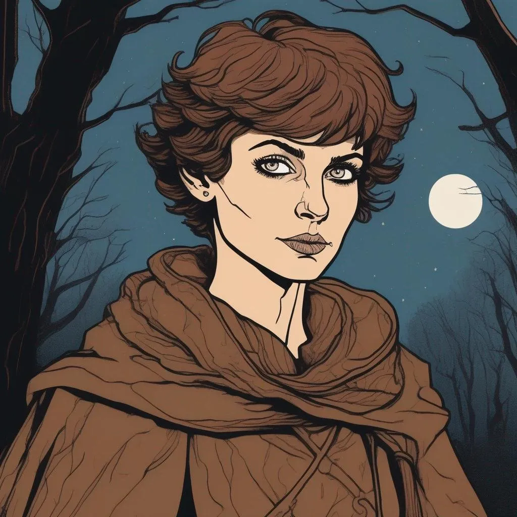 Prompt: A silkscreen comic illustration of a tiny skinny caucasian female sorceress, wearing mage mantle, , very short messy brown pixie undercut hair with shaved sides:vistani, dark female makeup, huge long hooked aquiline persian nose, tiny nose ala, protruding nose root, melancholic, in a forest on a dark foggy night, big sad slant emerald cat eyes, tanned skin:2, waxing moon, ethereal, highres, realistic, highly detailed, fantasy, eastern european, ukrainian, 1960s Soviet Retrofuturism,