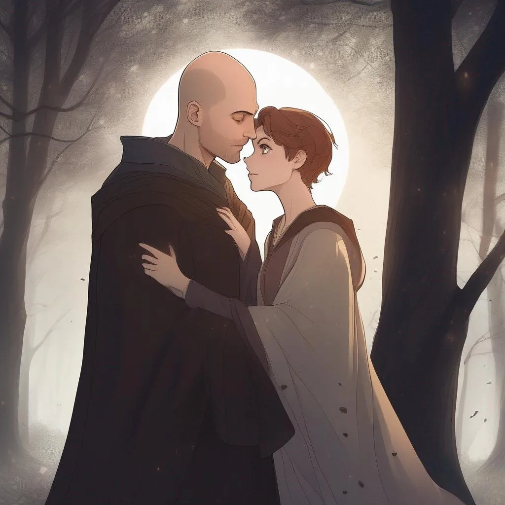 Prompt: highest quality anime art masterpiece, digital drawing, caucasian bald male sorcerer wearing mantle, with freckles and balding hairless scalp:vistani, melancholic, in a forest on a dark foggy night, hugging a woman with short brown wavy  pixie hair, bid sad slant brown eyes, pale milky skin:2, waxing moon, round shaven face, broad cheeks, ethereal, trimmed face, highres, realistic, highly detailed, fantasy, european, irish, D&D, Ravenloft, by Ilya Kuvshinov