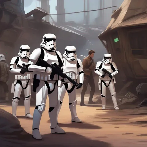 Prompt: a squad of star wars stormtroopers arresting a caucasian male ship captain with brown hair. In background a scifi slum. Star wars art. rpg. rpg art. 2d art. 2d.