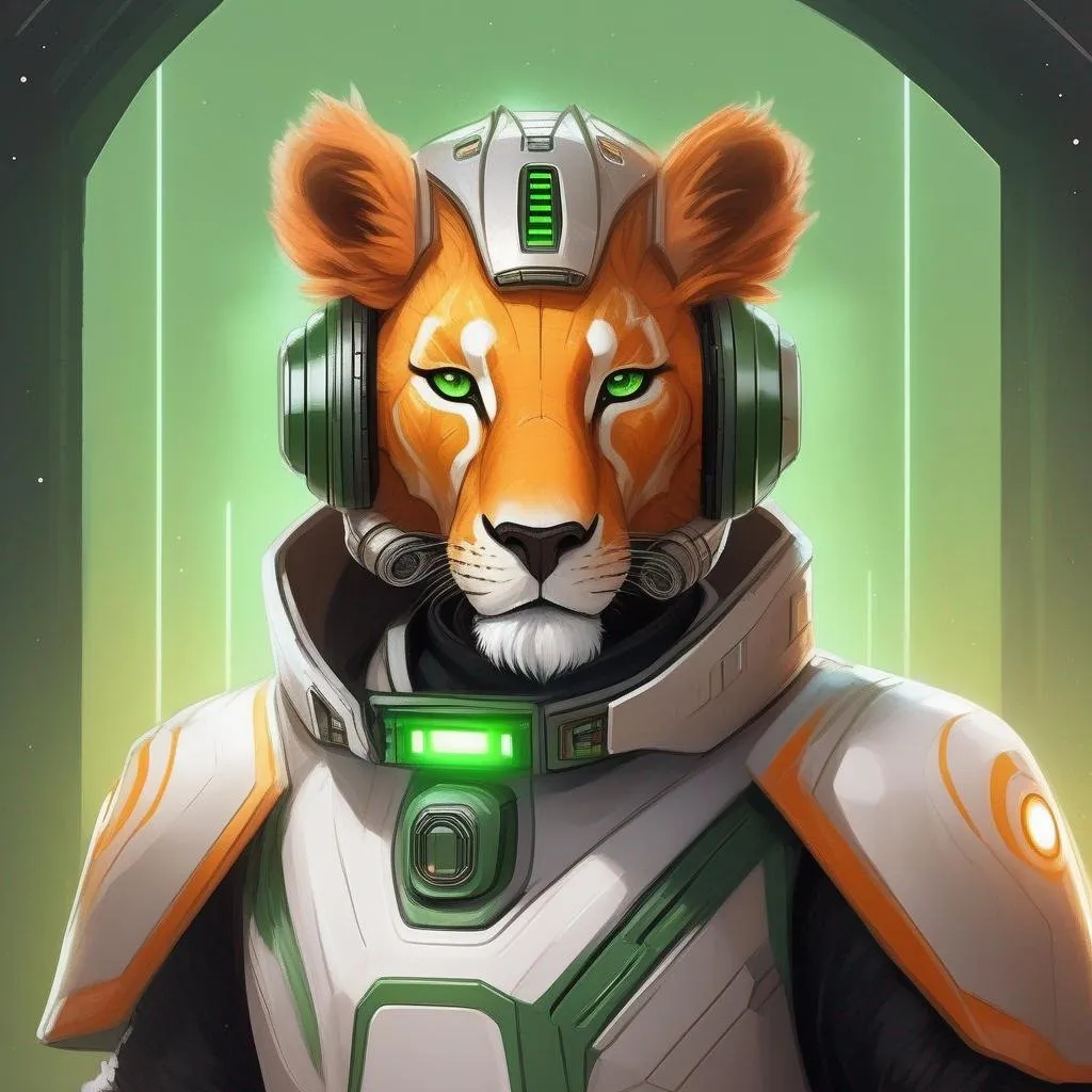 Prompt:  A 33 years old alien of a star wars lion race. Vaguely humanoid. He has shot orange fur and a white skin. He wears a scifi suit and has green robot eyes. Detailed, well draw face, Smooth skin. rpg art. Star wars art. 2d art. 2d