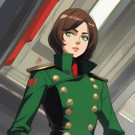 Prompt: Whole body. Full Figure, from distance. a Young noble woman in 21th century, Dark Green scifi uniform. Cute. short chetnut pixie hairs. emerald eyes. Akira art. Anime art. Captain Harlock art. Leiji Matsumoto art. 2d art. 2d. well draw face. detailed.