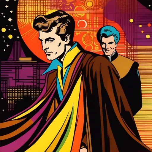 Prompt: Silk screen comic book illustration, male magician wearing a mage robe, very short brown hair, 1960s Soviet retrofuturism, full vivid colours, raypunk,