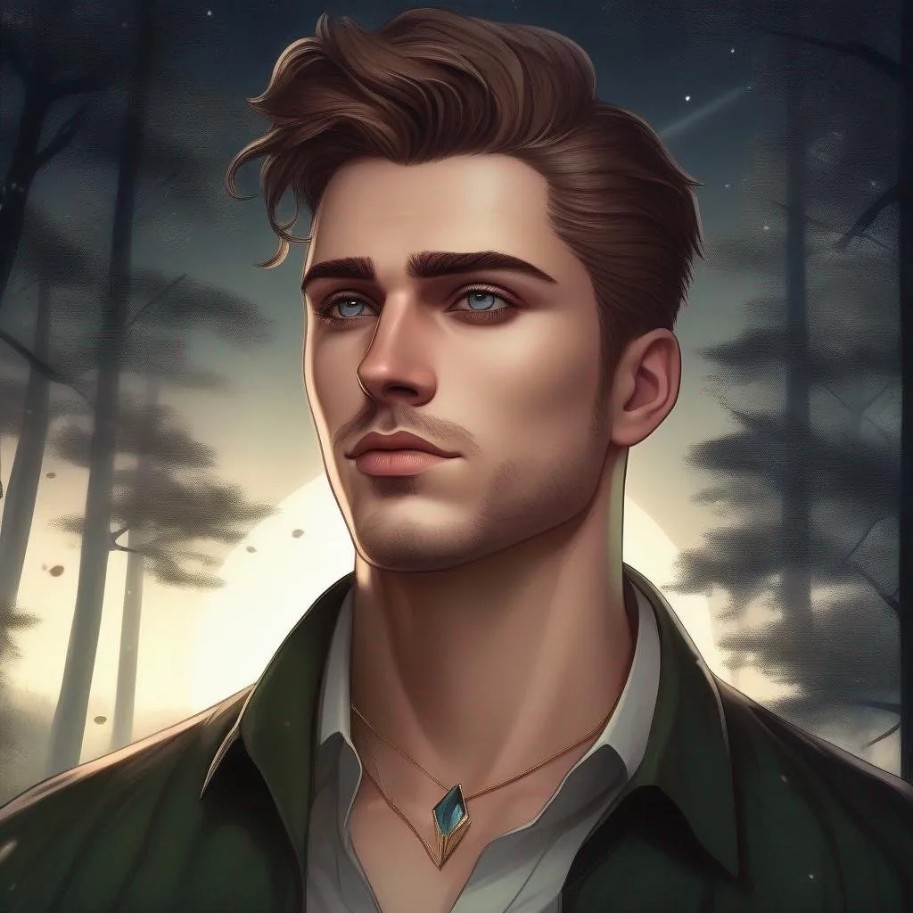 Prompt: highest quality anime art masterpiece, digital drawing, caucasian man with very short brown slicked back pompadour undercut hair:vistani, melancholic, in a forest on a dark foggy night, bid sad slant brown eyes, pale milky skin:2, waxing moon, round face, broad cheeks, ethereal, jewelry set, highres, realistic, highly detailed, fantasy, european, irish, D&D, Ravenloft, by Ilya Kuvshinov