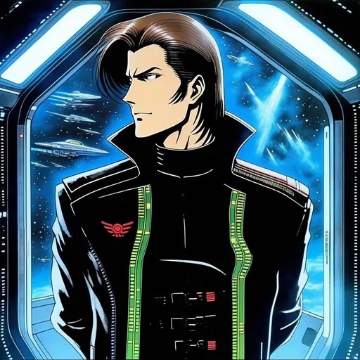 Prompt: detailed character portrait, full body portrait of a muscled male with brown pompadour undercut, retro futuristic starship captain, green glowing eyes, smirking, black futuristic leather jackett, on smoky background, transporter, teleporter, inside of a spaceship, Akira art. Anime art. Captain Harlock art. Leiji Matsumoto art. 2d art. 2d. well drawn face. detailed.