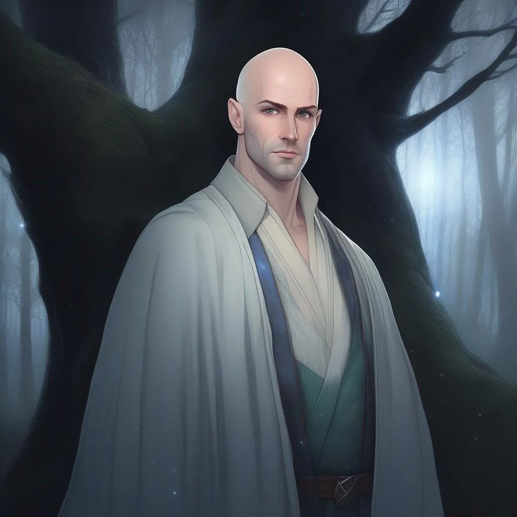 Prompt: highest quality anime art masterpiece, digital drawing, caucasian bald male sorcerer wearing mantle, with freckles and balding hairless scalp:vistani, melancholic, in a forest on a dark foggy night, big sad slant brown eyes, pale milky skin:2, waxing moon, round shaven face, broad cheeks, ethereal, trimmed face, highres, realistic, highly detailed, fantasy, european, irish, D&D, Ravenloft, by Ilya Kuvshinov