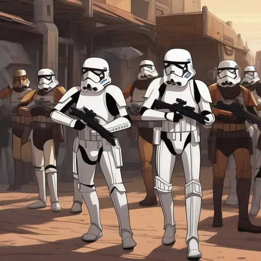 Prompt: a squad of star wars stormtroopers arresting a caucasian male captain with brown hair. In background a scifi slum. Star wars art. rpg. rpg art. 2d art. 2d.