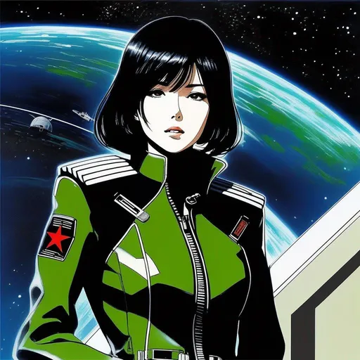 Prompt: detailed green skinned character portrait, full body portrait of a green skin petite slim female with short black messy wavy bob cut and green skin, green woman retro futuristic starship officer, black futuristic leather jackett, girlwith green skin color, on smoky background, docking station, inside of a spaceship, Akira art. Anime art. Captain Harlock art. Leiji Matsumoto art. 2d art. 2d. well drawn face. detailed.