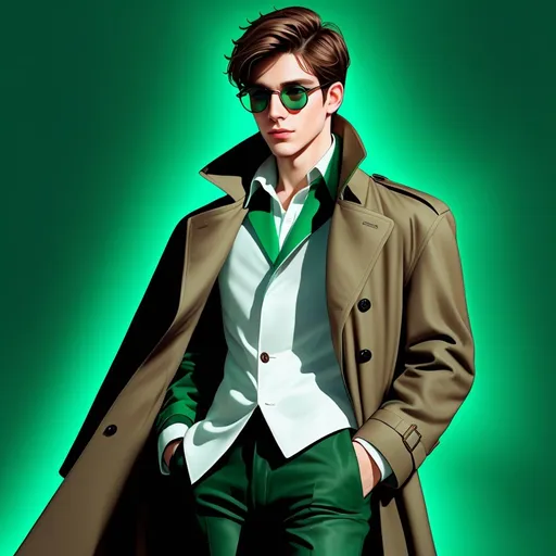 Prompt: full body shot shot of a young {man} with moderate length brown hair wearing dark brown trench jacket and white collared shirt with black pants and black boots, round glasses, green shades with emerald lenses, handsome, rpg art. Star trek art. 2d art. 2d