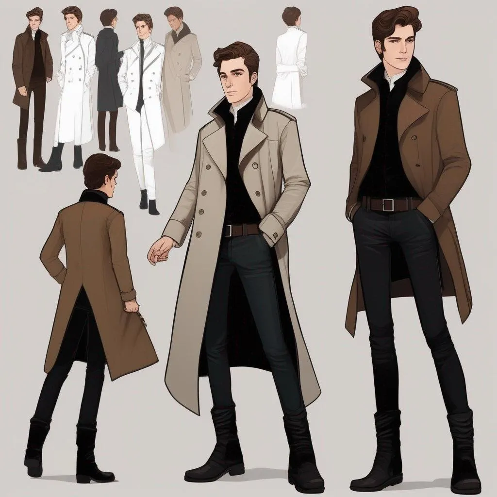 Prompt: full body shot shot of a young {man} with moderate length brown hair wearing dark brown trench jacket and white collared shirt with black pants and black boots, handsome, rpg art. Star trek art. 2d art. 2d