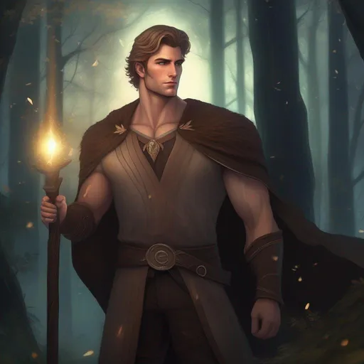 Prompt: highest quality anime art masterpiece, digital drawing, tall muscular bulky caucasian male sorcerer woth a staff wearing mantle, with freckles very short brown slicked back pompadour undercut hair with shaved sides:vistani, melancholic, in a forest on a dark foggy night, big sad slant brown eyes, pale milky skin:2, waxing moon, round shaven face, broad cheeks, ethereal, trimmed face, highres, realistic, highly detailed, fantasy, european, irish, D&D, Ravenloft, by Ilya Kuvshinov