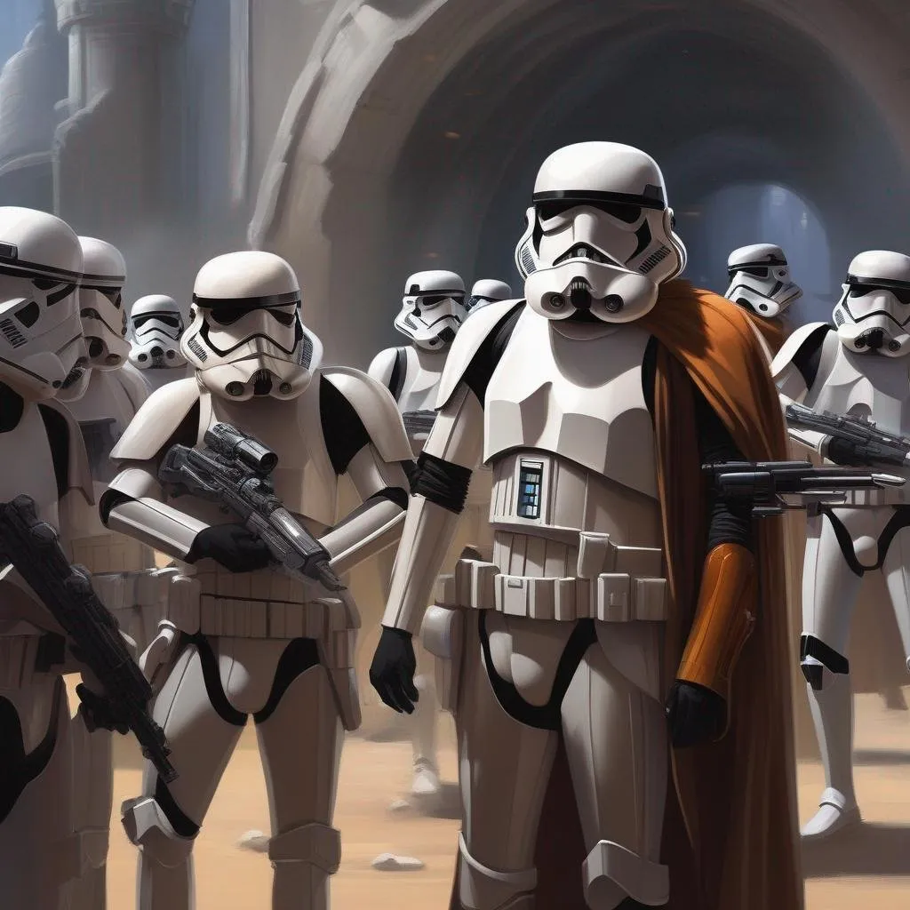 Prompt: a wizard arrested by a squad of imperial stormtroopers. dynamic scene. Star wars art. rpg. rpg art. 2d art. 2d.