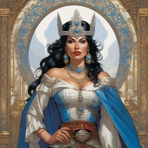 Prompt: A D&D 2e style illustration of a pale mexican female queen, thick thigh, curvy , huge chest, pale white milky skin,  snow white vibe, blue eyes, fantasy, DnD, D&D, Pathfinder, style of Vampire, by Clyde Caldwell,