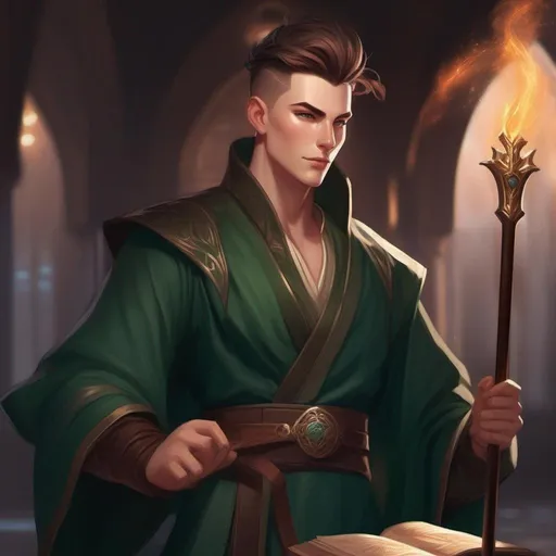 Prompt: A tall male mage in dark green robes, with very short extremely deep dark brown slicked back pompadour undercut with dark ginger highlights and shaved sides, very pale milky skin. He fights with a magic staff and casts magic spells, potions on his belt, soft feminine body features. Smooth skin, detailed, well drawn face. Rpg art. 2d art. 2d.