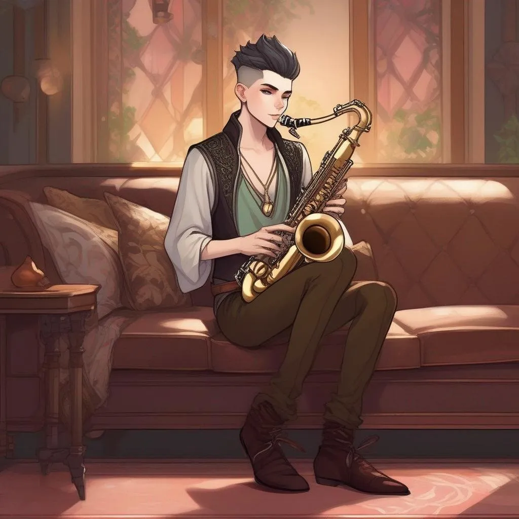 Prompt: A young elf mage with very short 
 extremely deep dark brown slicked back mohawk haircut and pale skin. He plays a saxophone, has a sword on the left side and sits on a couch. soft feminine body features. Smooth skin, detailed, well drawn face. Rpg art. 2d art. 2d.