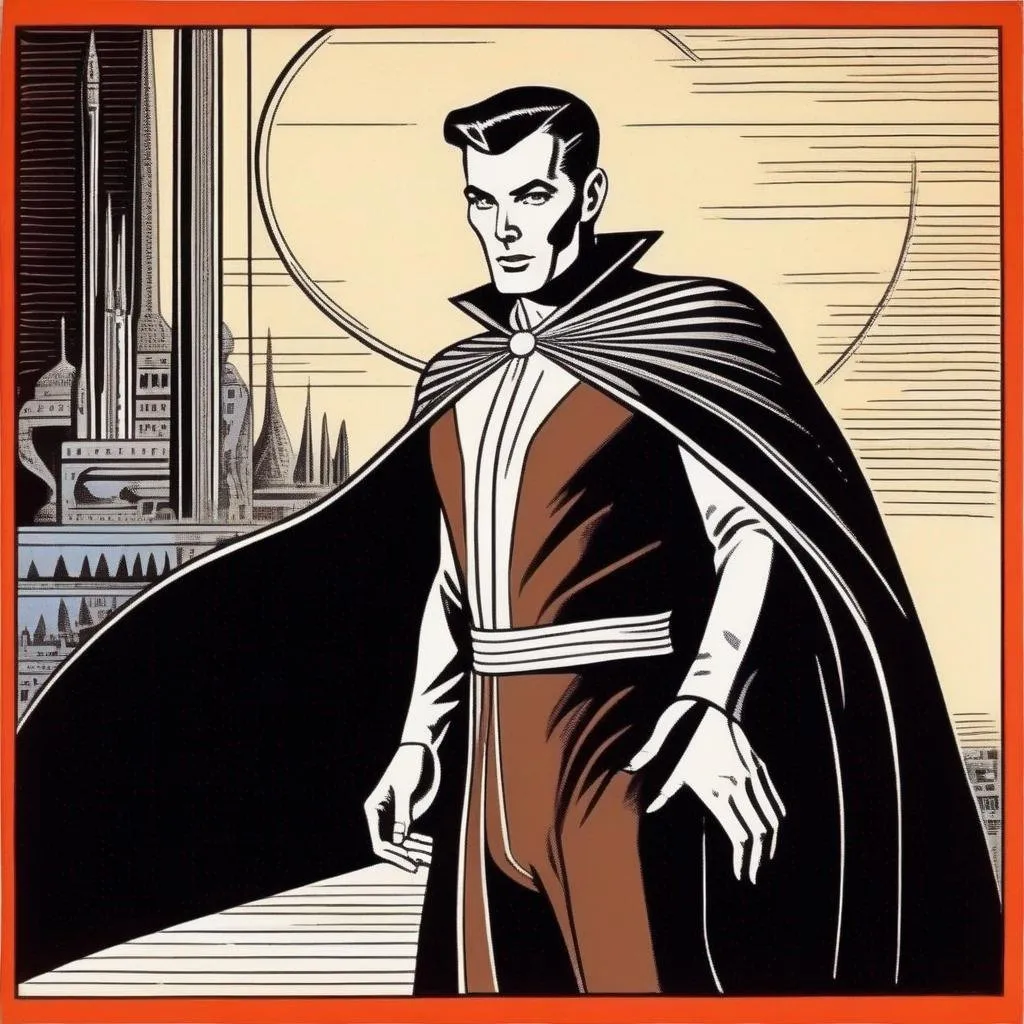 Prompt: Silk screen comic book illustration of a sorcerer wearing a caped  magician mantle, loincloth, shirt underneath, very short extremely deep dark brown slicked back pompadour undercut with dark ginger highlights and shaved sides, very bright and pale milky skin, Well drawn face, detailed face, 1960s Soviet retrofuturism, 