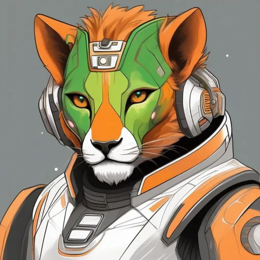 Prompt:  A 33 years old alien of a star wars lion race. Vaguely humanoid. He has shot orange fur and a white skin. He wears a scifi suit and has green robot eyes. Detailed, well draw face, Smooth skin. rpg art. Star wars art. 2d art. 2d